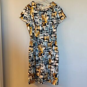 Oscar de la Renta Blue and Yellow Patterned Midi Dress